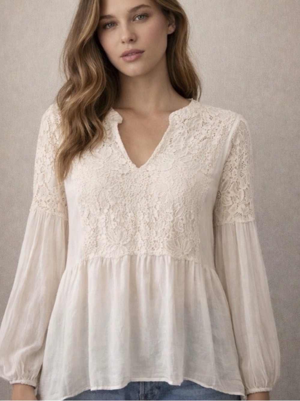 Romantic Victorian Cottage-core Cream  tunic top from Tendenze, Size L, Italy